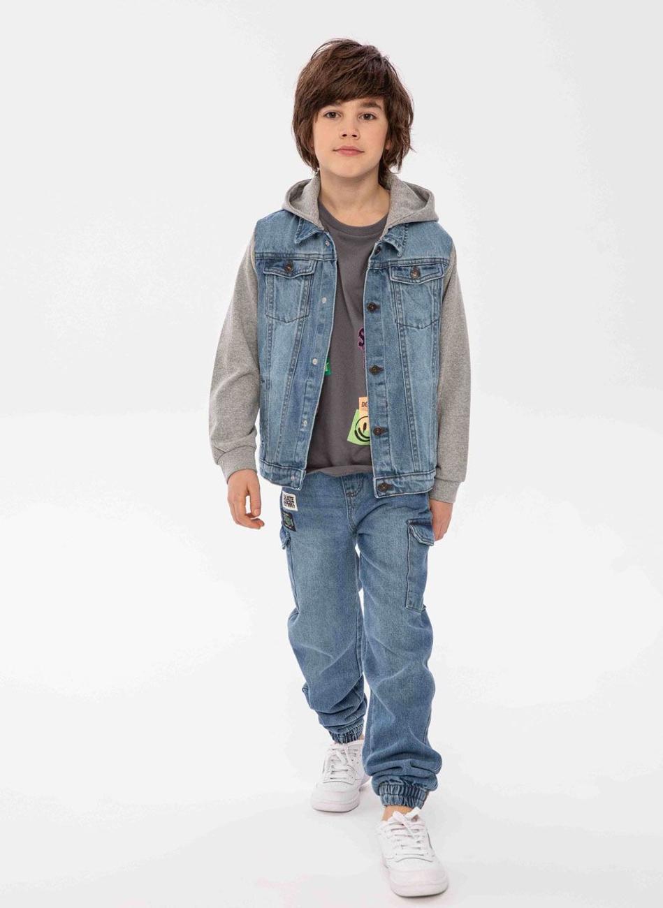 Boys Navy Combat Denim Jeans with Badge Detail - Image 1