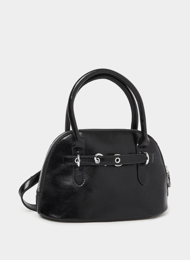 Styli Textured Black Belted Dual Handle Satchel Bag - Image 1