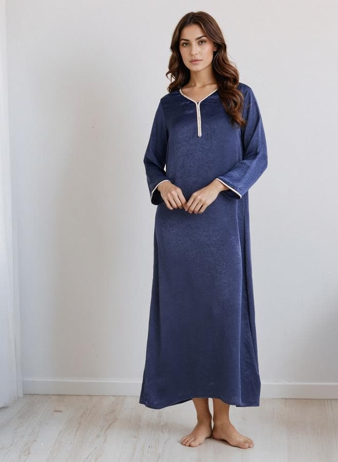 Blue V-Neck Maxi Nighty in Soft Polyester Blend - Image 1