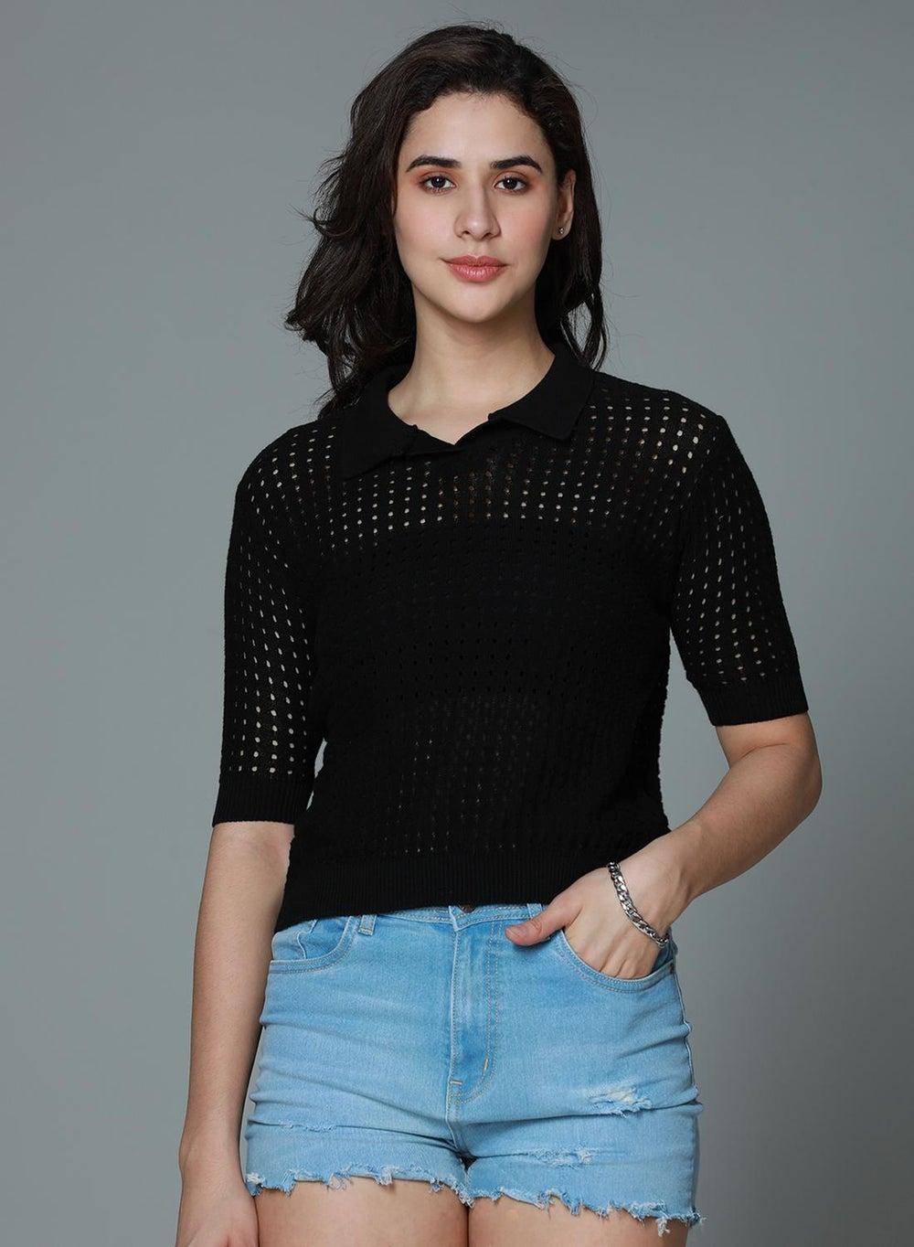 Women’s Black Cotton Polo Top Hswtss2409 Bk - Image 1