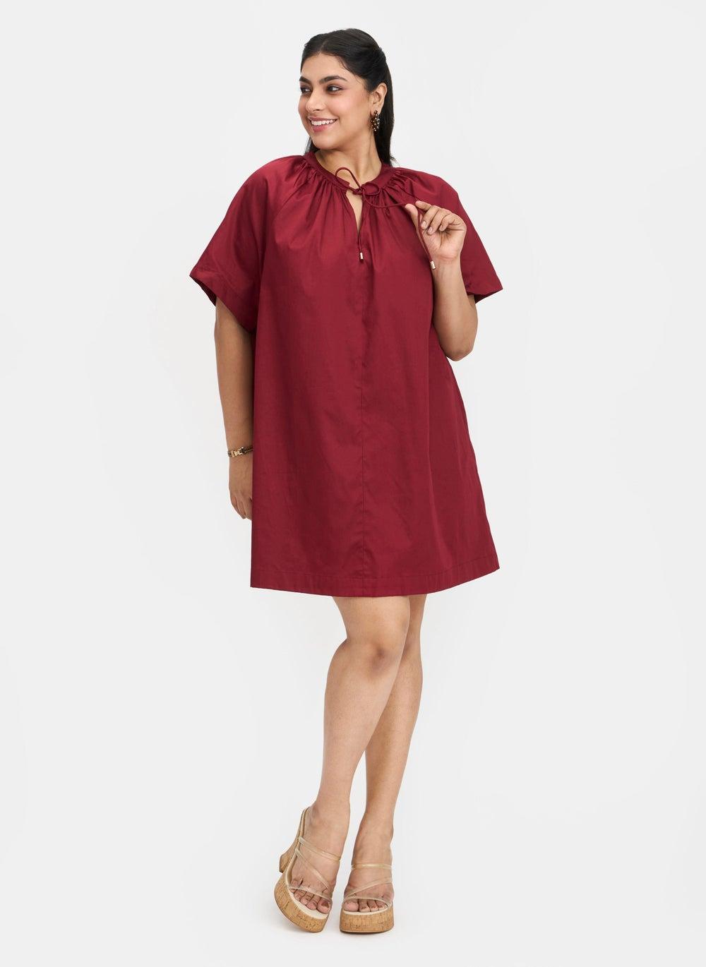 Maroon Cotton Satin Tie-Up A-Line Mini Dress - Image 1