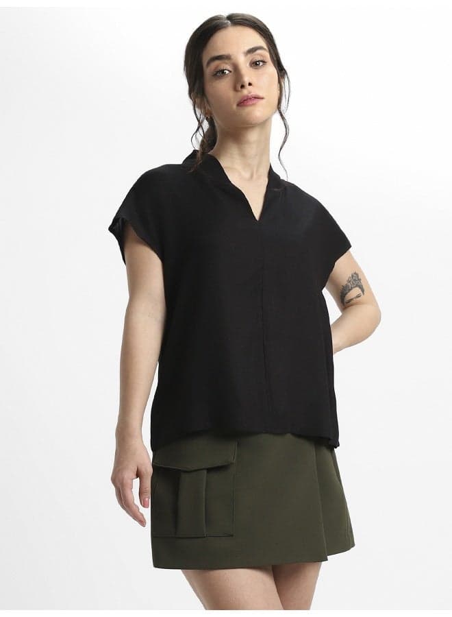 Black Viscose Moss V-Neck Women’s Regular Fit Top - Image 1