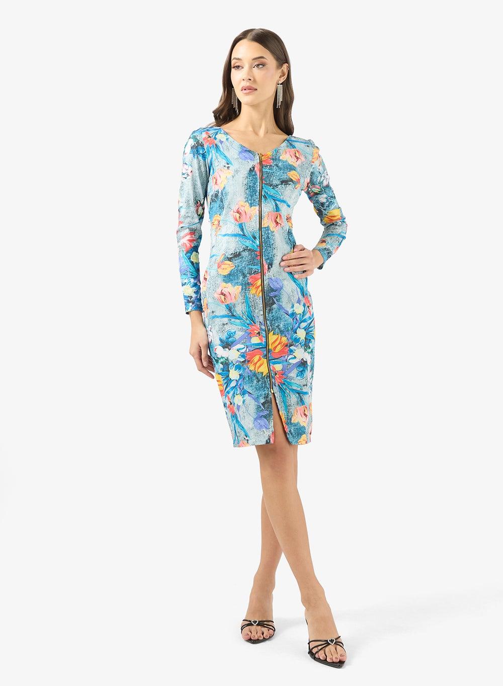 Blue Floral Zip Detail Midi Bodycon Dress - Image 1