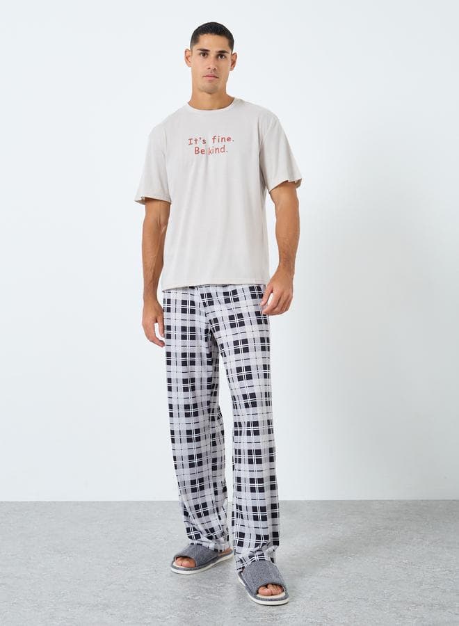 Styli Men’s Grey Slogan Tee & Checked Pyjama Set - Image 1