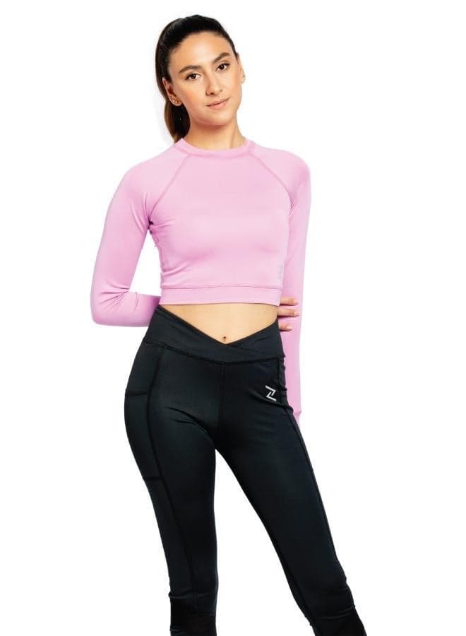 Slim Fit Pink Compression Crop Top with Thumbholes - Image 1