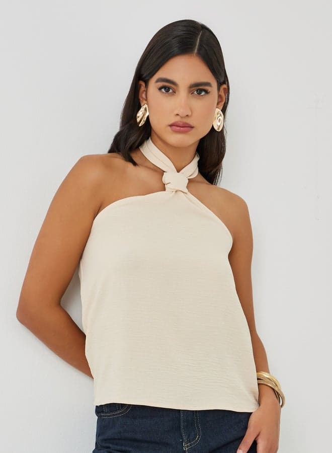 Beige Twist Detail Halter Neck Cami Top - Image 1