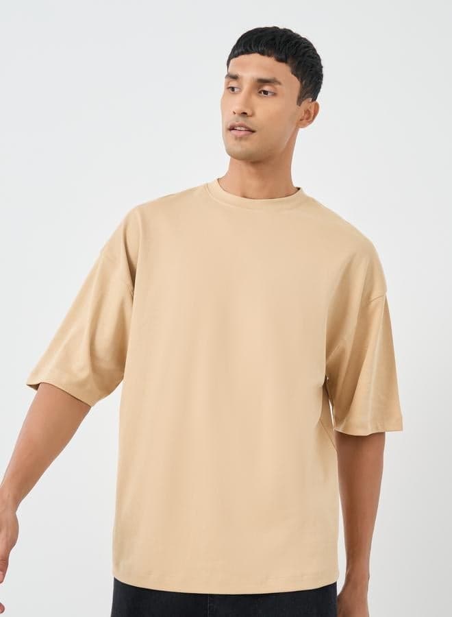 Graphic Applique Boxy Fit Cotton T-Shirt Beige - Image 1
