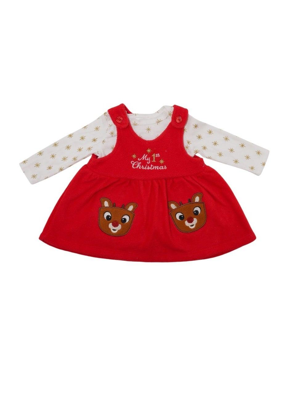 Bambimici Christmas Print Jumpskirt Bodysuit Set Red - Image 1