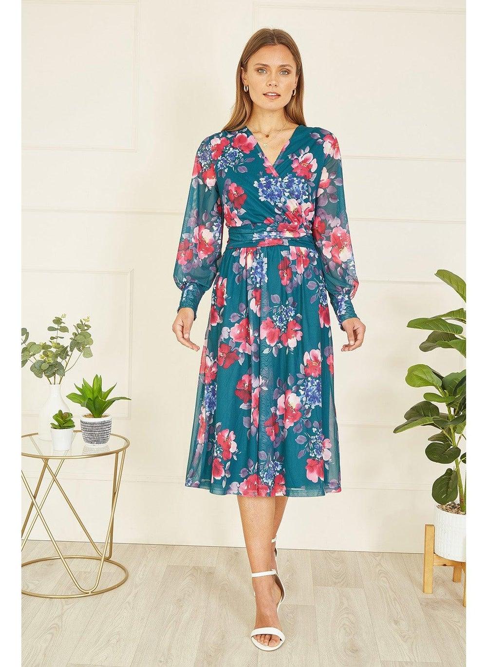 Teal Floral Chiffon Wrap Midi Dress - Image 1
