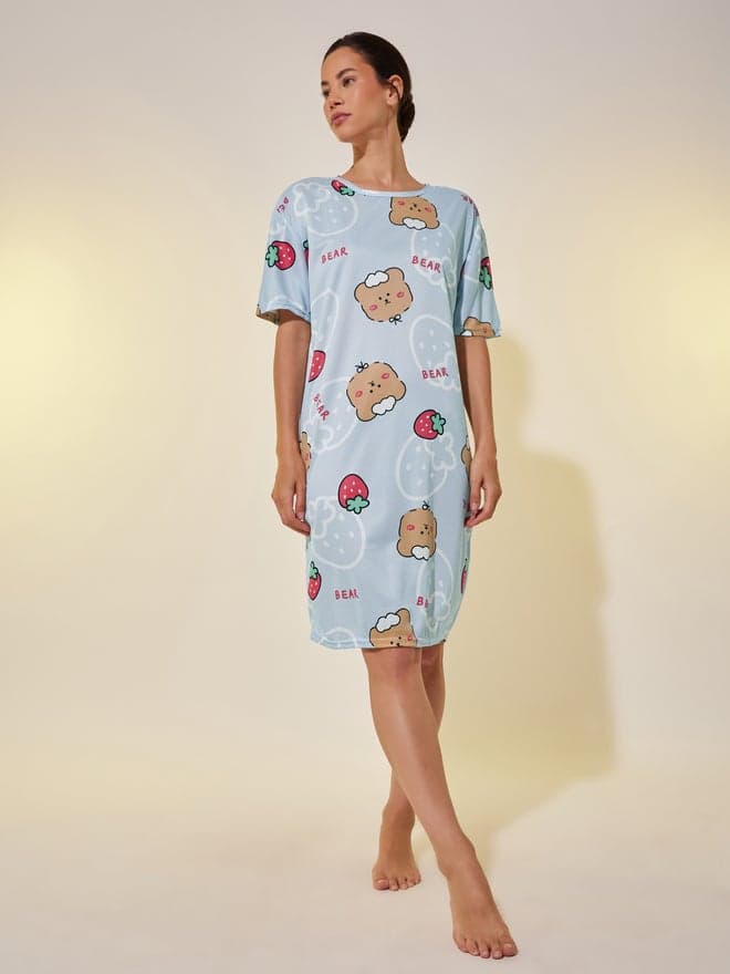 Blue Bear Print Short Sleeve Sleep T-Shirt Dress - Image 1
