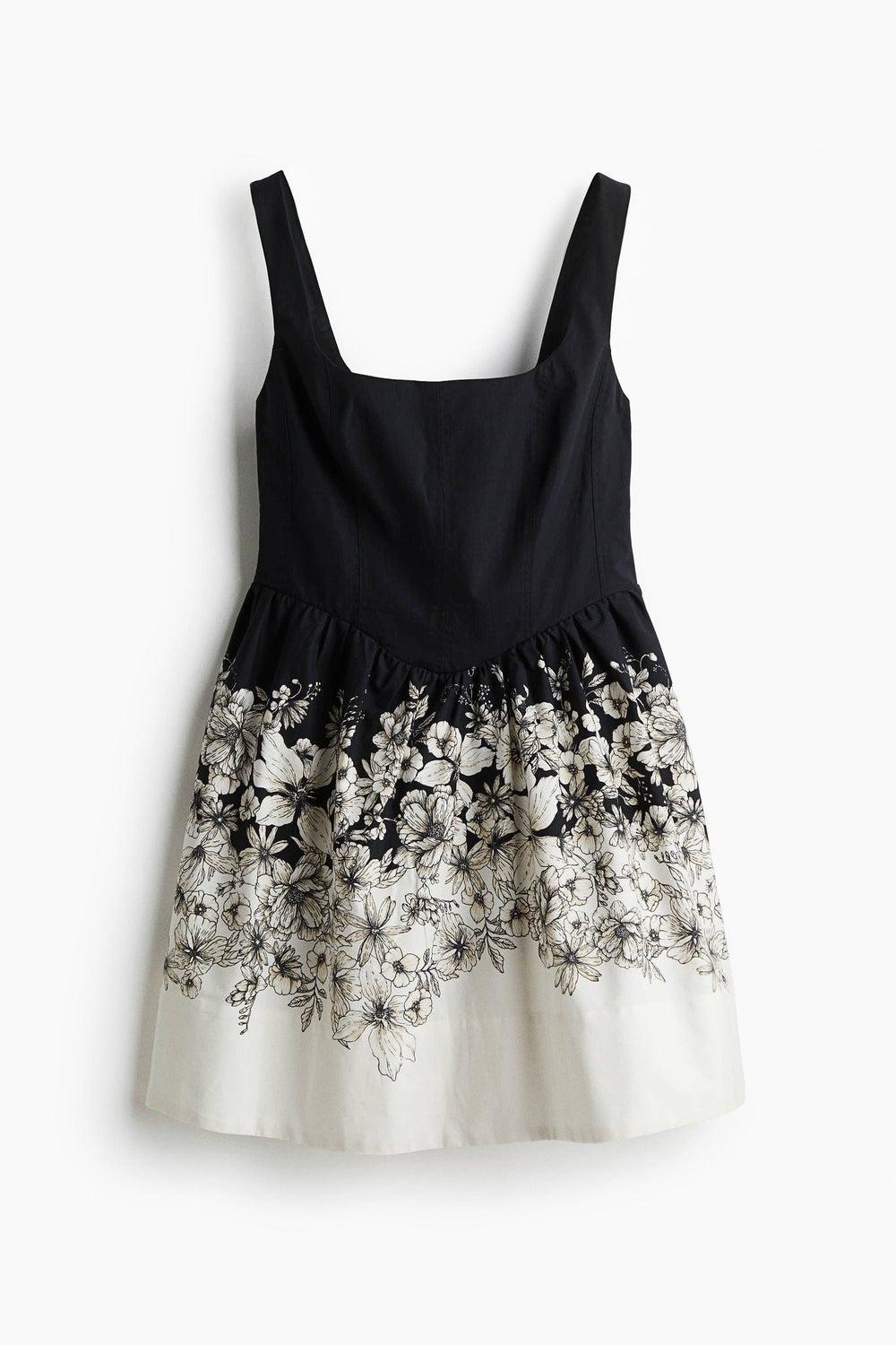 Black Cotton Flared Midi Dress with Corset Seams - Image 1