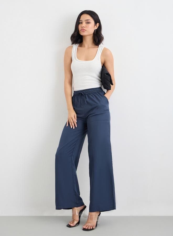 Blue Cotton Wide Leg Pants with Pockets - Image 1