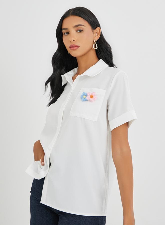 Oversized Floral Patch Pocket Shirt – White Casual Polo - Image 1
