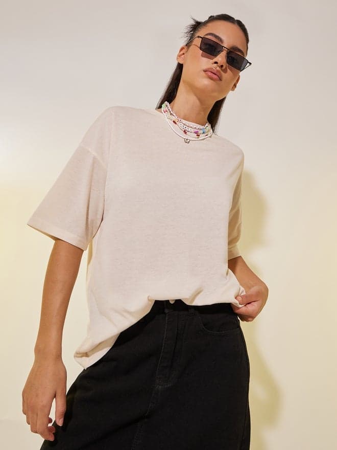 Beige Graphic Print Cropped T-Shirt - Image 1