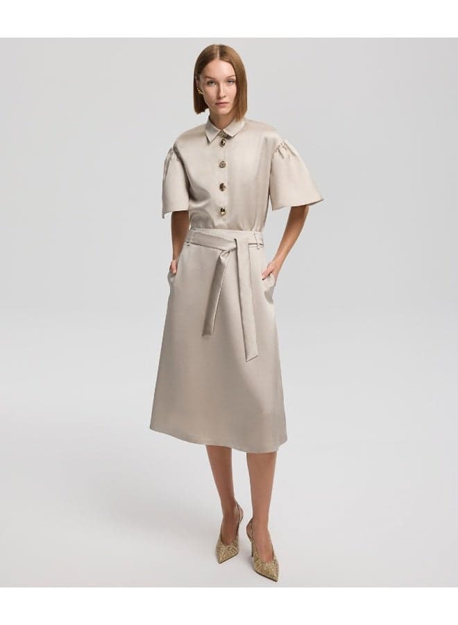 Khaki Satin A-Line Midi Skirt with Belted Waist - Image 1