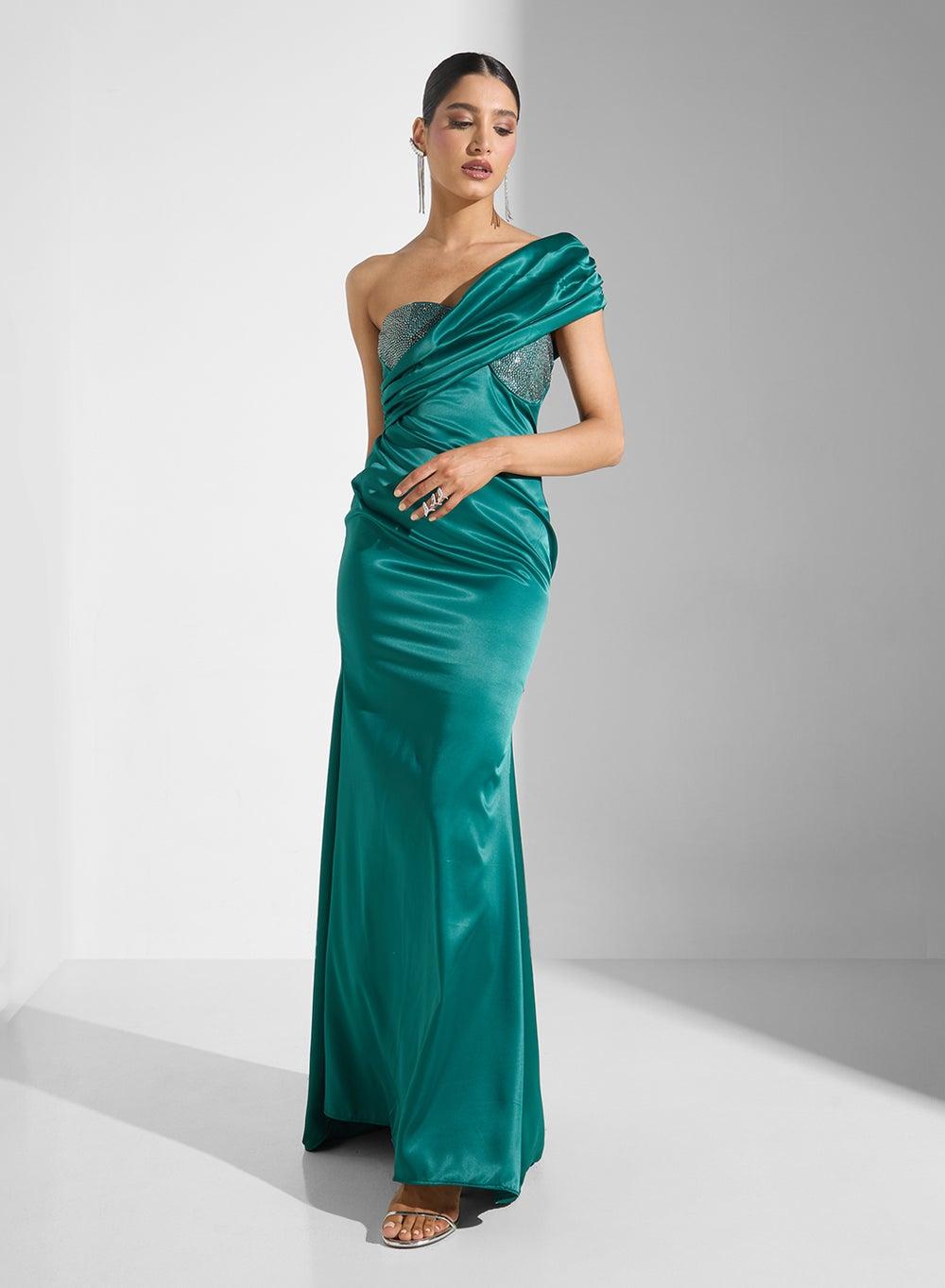 Ma080147 Teal One-Shoulder Embellished Maxi Dress - Image 1