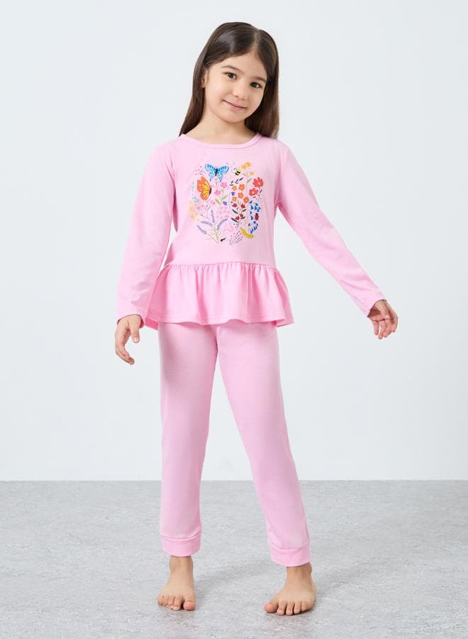 Styli Pink Graphic Print Girls Long Sleeve Pyjama Set - Image 1