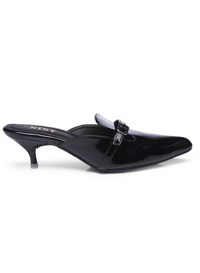 GNIST Buckle Pointed Toe Kitten Heel Mules Black - Image 1