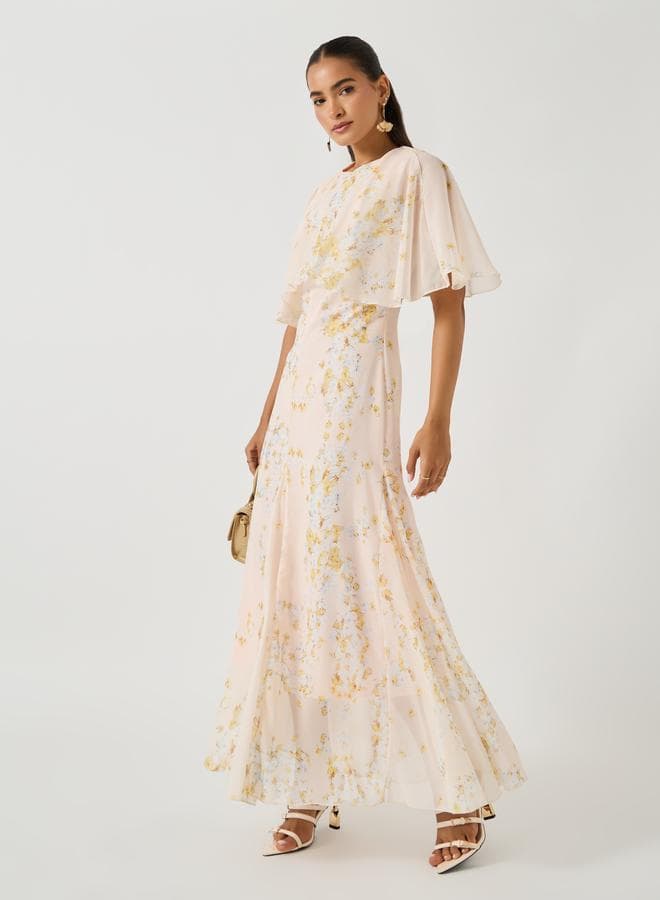 Cream Floral Cape Sleeve Fit & Flare Maxi Dress - Image 1