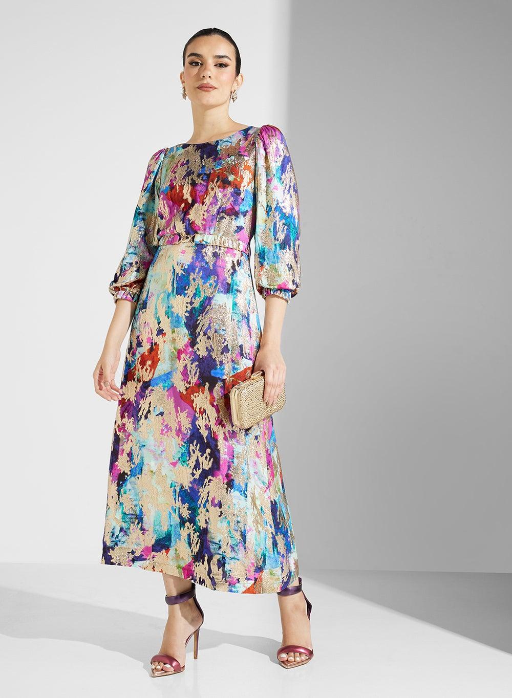 Watercolor Maxi Dress D10864 A-Line Puff Sleeve - Image 1