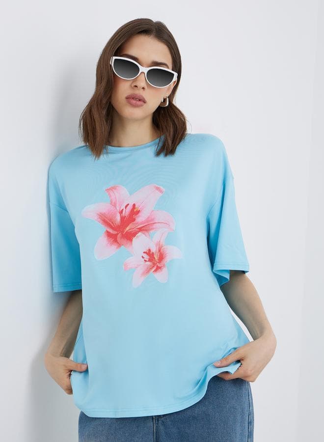 Blue Graphic Print Oversized T-Shirt - Image 1