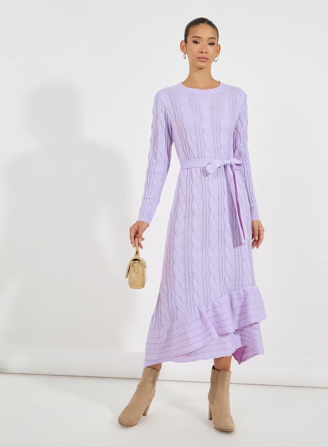 Styli Lilac Cable Knit Frill Hem Midi Dress - Image 1