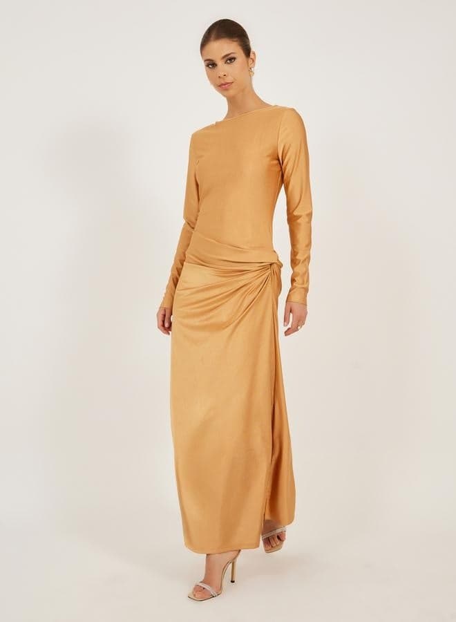 Ochre Satin Twist Maxi Dress – Elegant Evening Style - Image 1