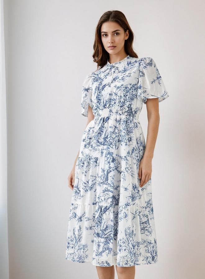 White Tiered Midi Denim Dress with Flutter Sleeves - Image 1