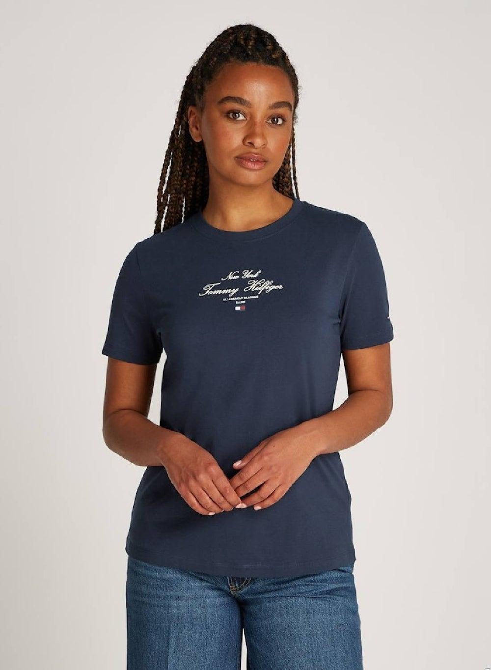 Women’s Dark Night Navy Cotton Crew Neck T-Shirt - Image 1