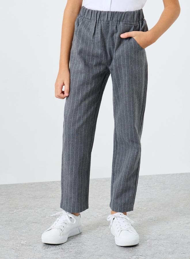 Boys Grey Striped Relaxed Fit Mid-Rise Pants - Image 1