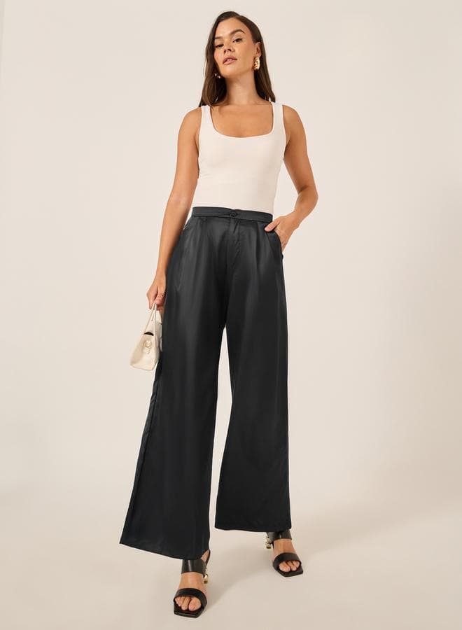 7011871001 Black Satin Wide Leg Pants - Image 1