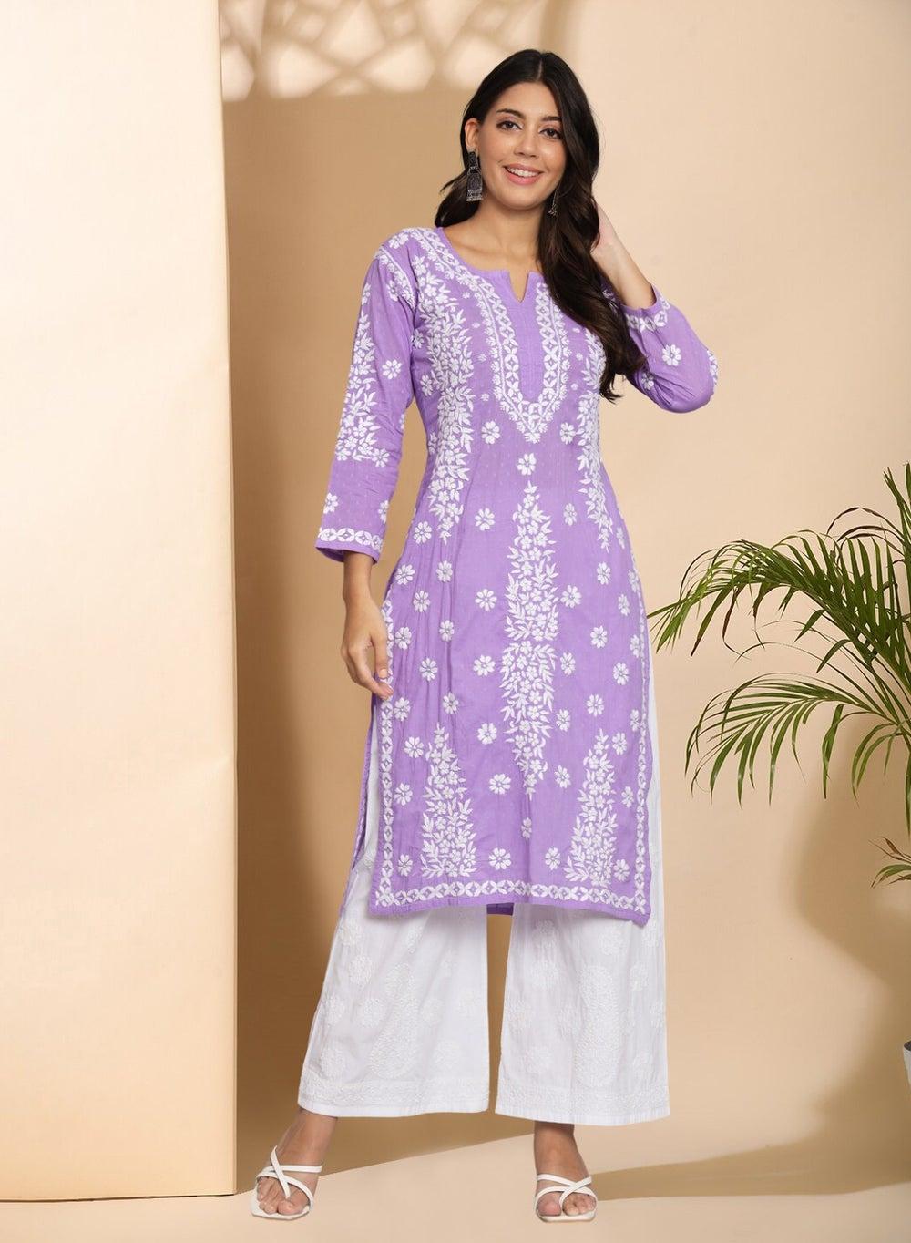 Mauve Floral Chikankari Cotton Kurta AL3679 - Image 1