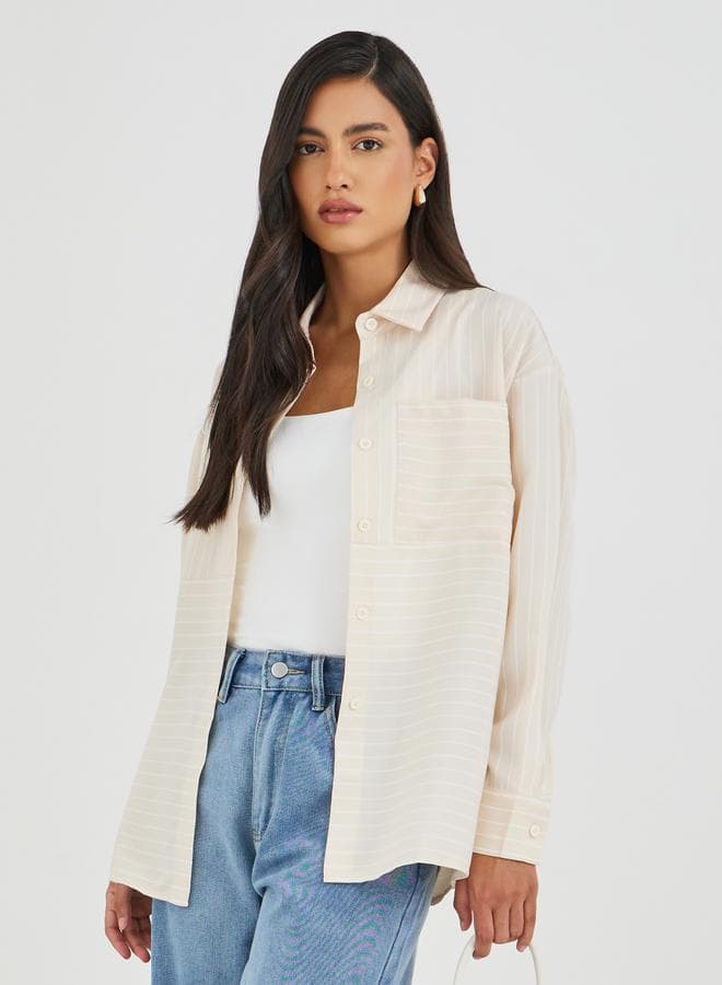 Beige Striped Long Sleeve Regular Fit Pocket Shirt - Image 1