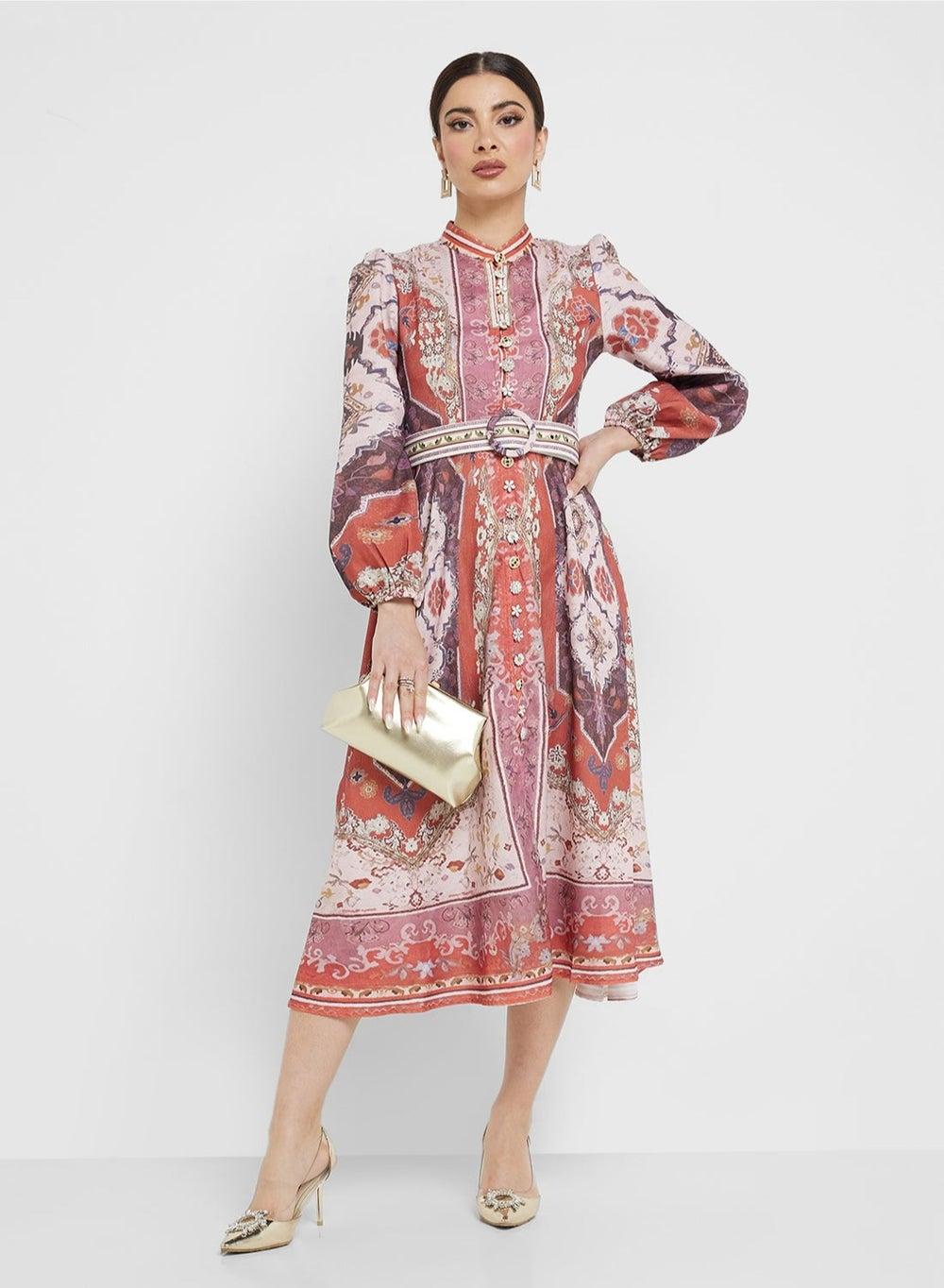 A9088 Belted Floral Midi Dress, High Neck Fit & Flare - Image 1