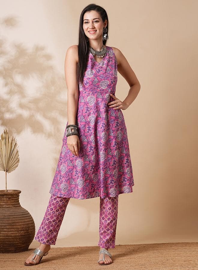 Pink Floral Back Tie-Up A-Line Kurta Pant Set - Image 1