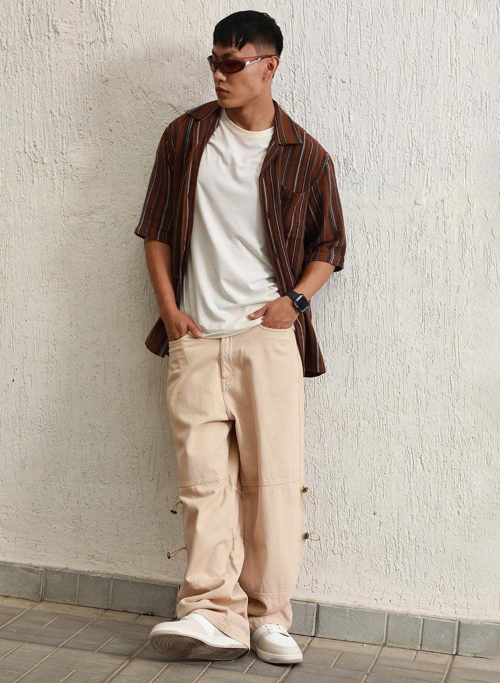 Men’s Relaxed Fit Cotton Cargo Jeans Beige Mid-Rise - Image 1
