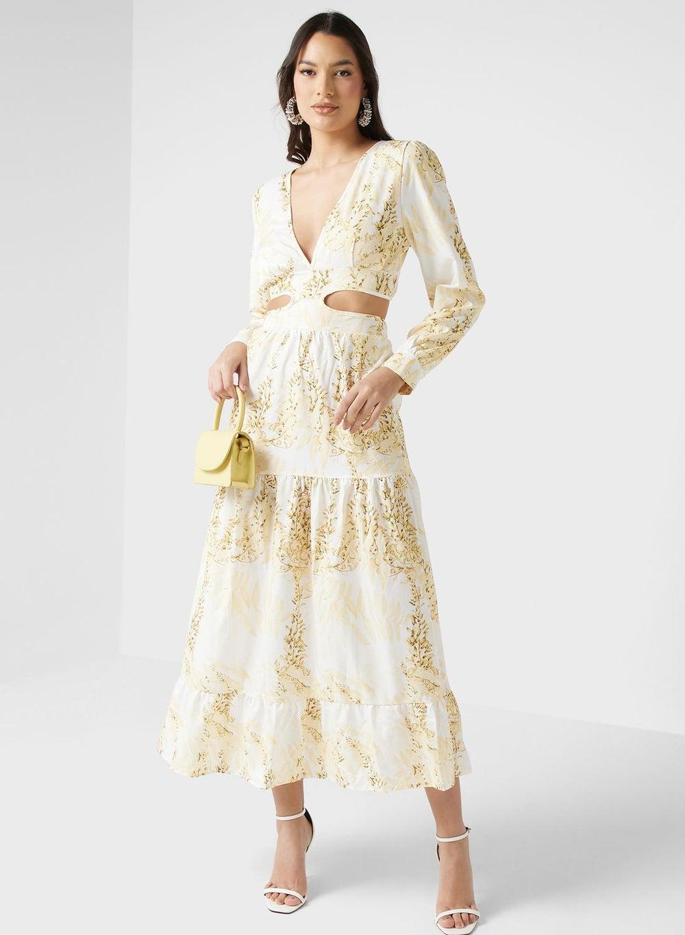 Ivory Gold Floral Cutout Maxi Dress G1118 - Image 1