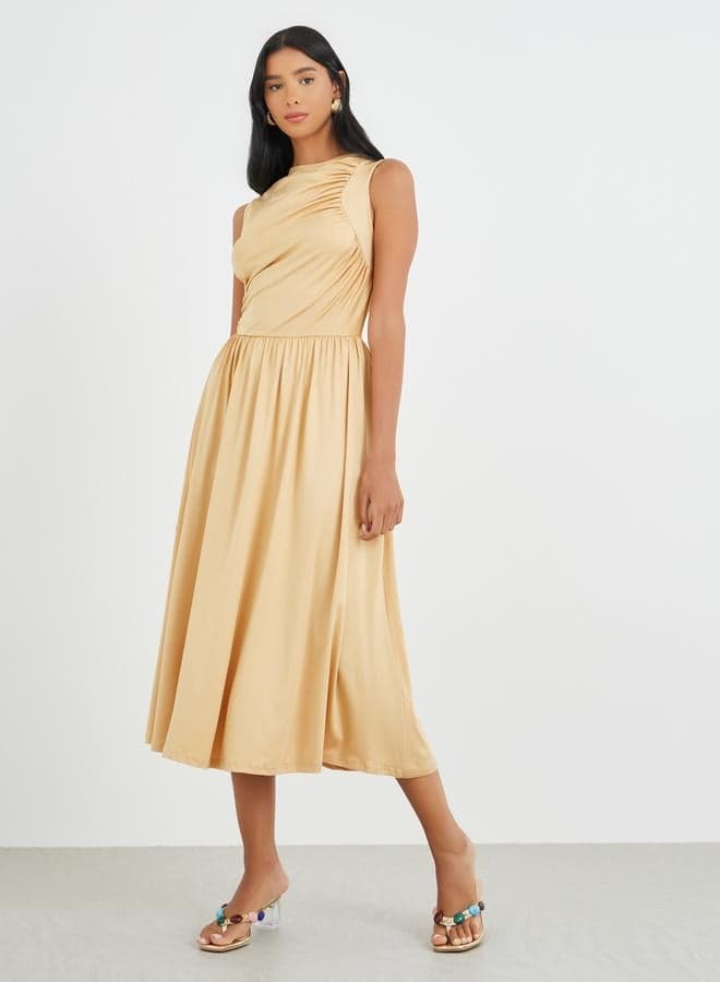 Sleeveless Midi Dress High Neck Ruched Pale Yellow - Image 1