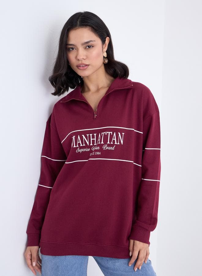 Styli Burgundy Longline Oversized Sweatshirt for Women - Image 1