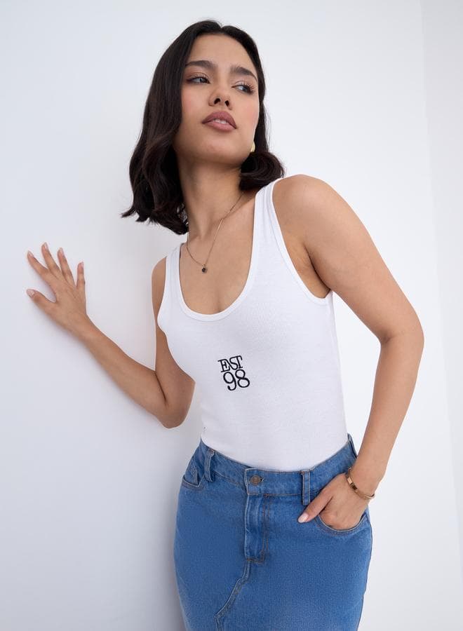 Styli White Embroidered Ribbed Skinny Fit Bodysuit - Image 1
