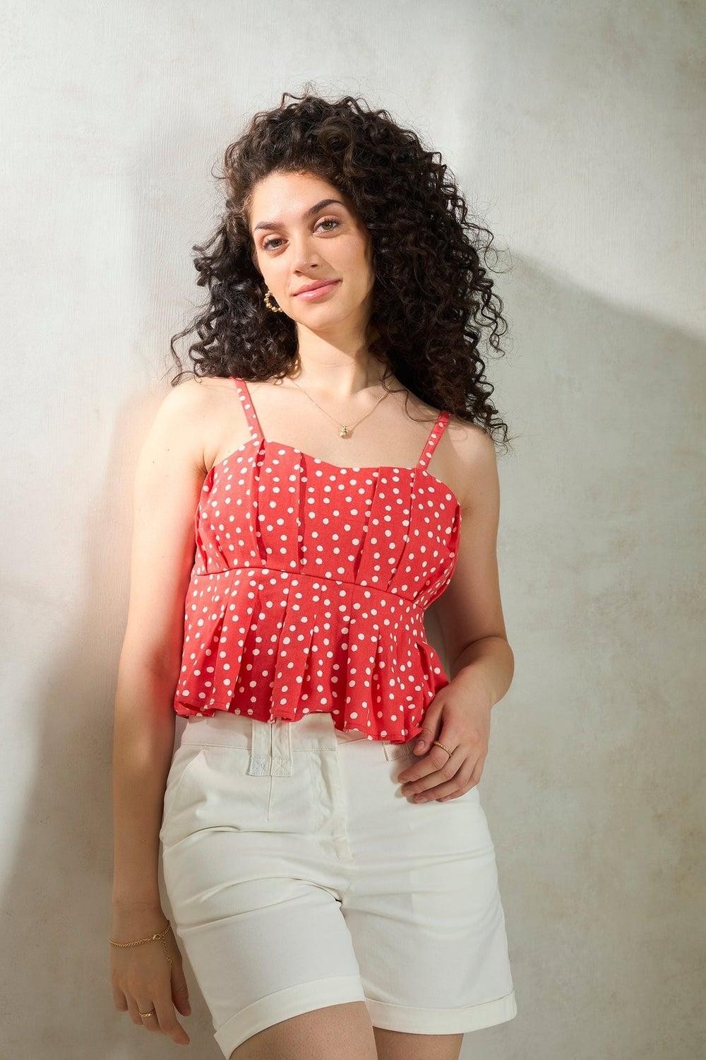 Coral Polka Linen Peplum Bustier Crop Top - Image 1