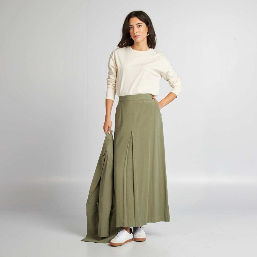 Khaki Flared Midi Skirt in Soft Viscose - Image 1