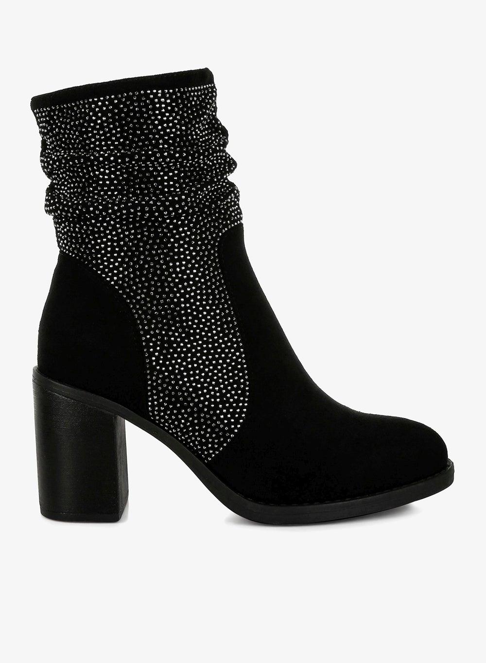 Sh5108 Black Rhinestone Slouchy Ankle Boots - Image 1