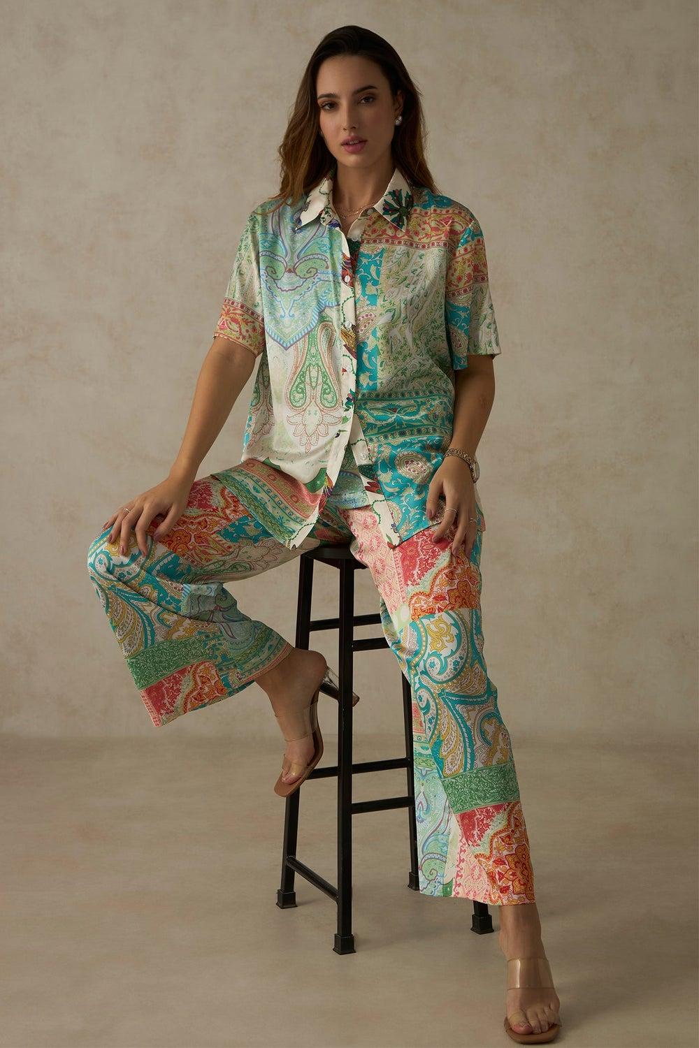 Virgio Women Paisley Cotton-Feel Wide Leg Trousers - Image 1
