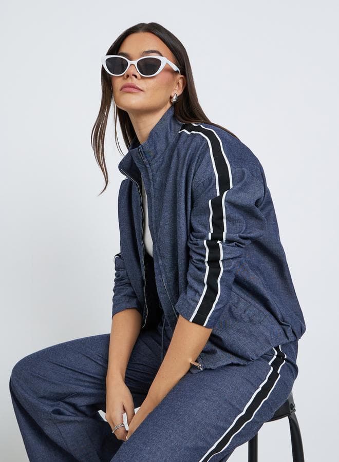 Dark Blue Striped Bomber Jacket – Styli Classic Fit - Image 1