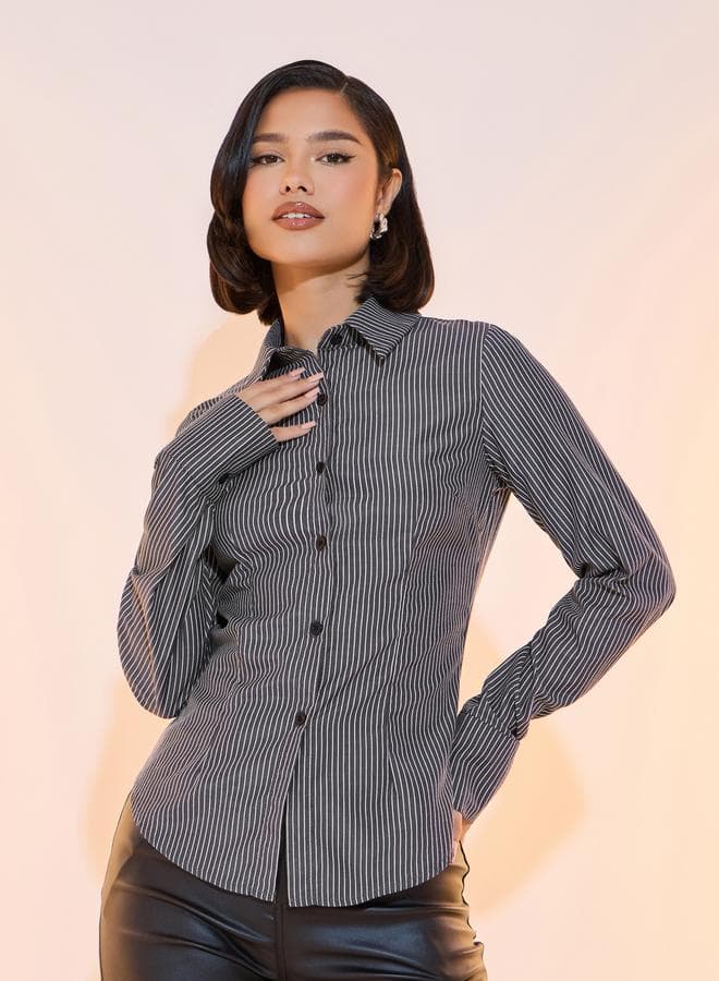 Grey Striped Slim Fit Collared Long Sleeve Shirt 7011340114 - Image 1