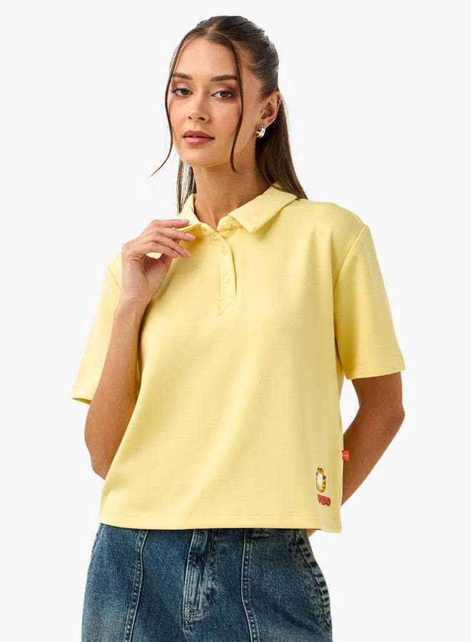 Garfield Print Cropped Polo T-Shirt in Yellow - Image 1
