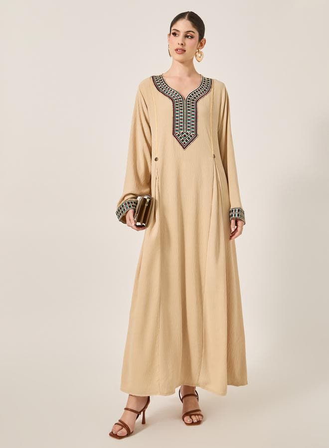 Beige Embroidered Pleated A-Line Jalabiya 7012603002 - Image 1