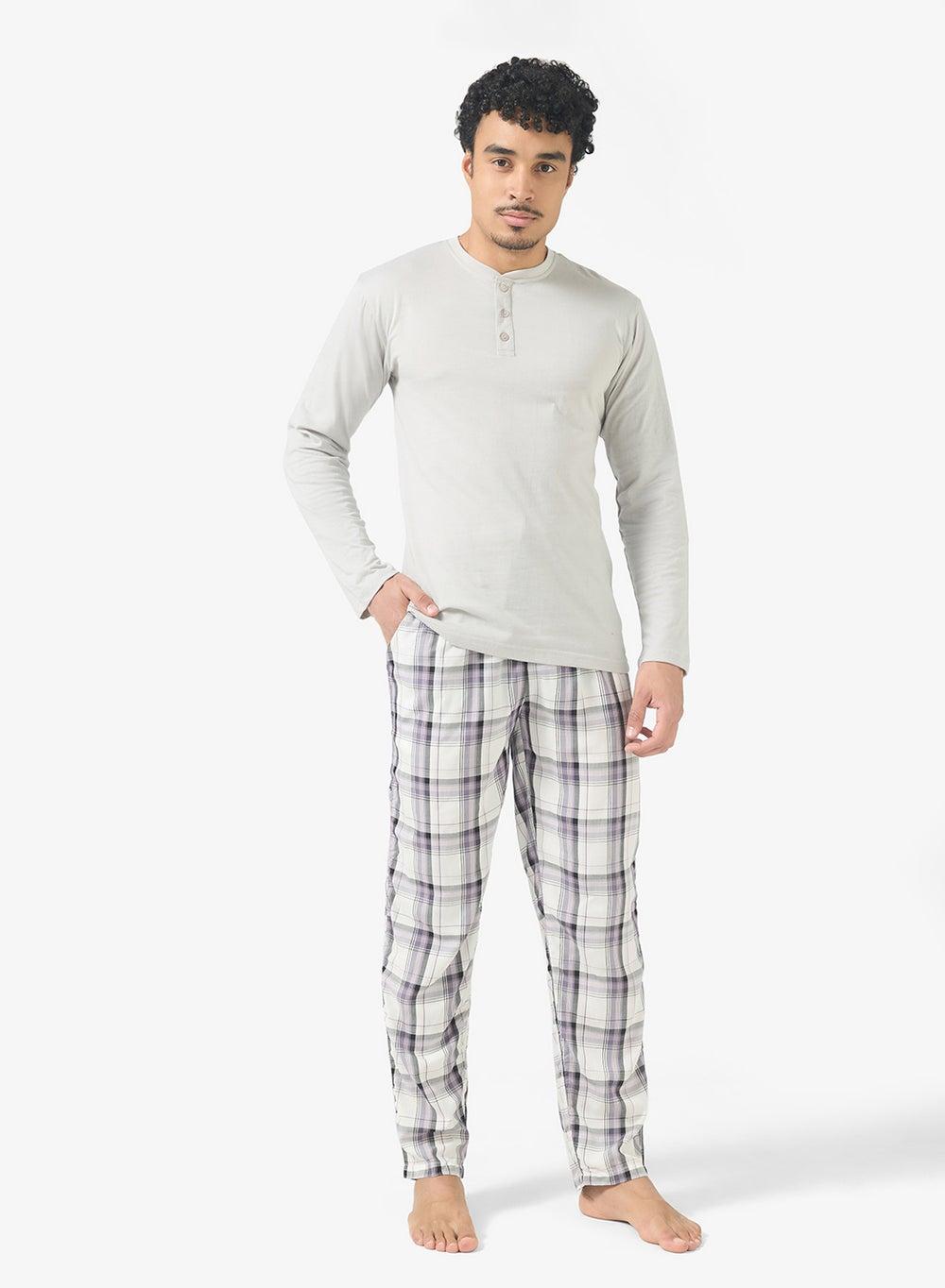 Grey Checkered Henley Pyjama Set Zopmn413 - Image 1