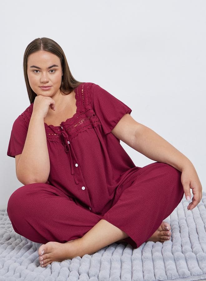 Styli Plus Burgundy Lace Pyjama Set - Image 1